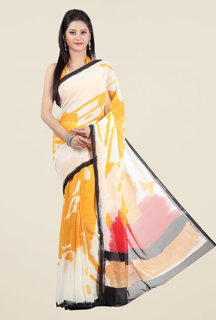Jashn White & Mustard Printed Georgette Saree Jashn White & Mustard Printed Georgette Saree