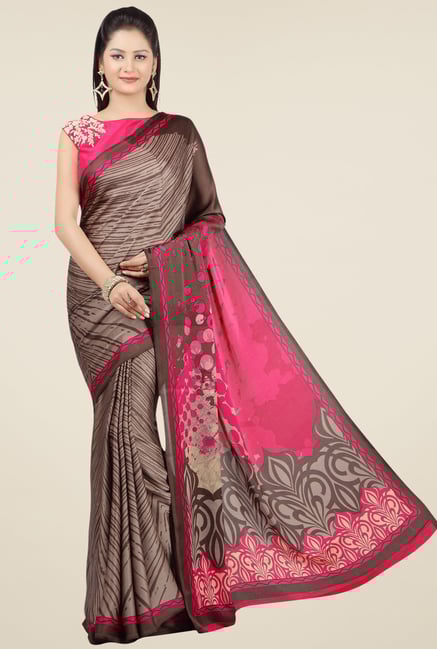 Jashn Brown & Pink Printed Saree Jashn Brown & Pink Printed Saree