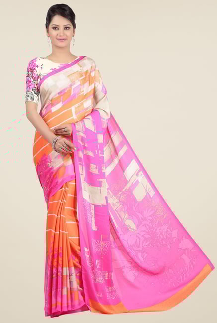 Jashn Orange & Pink Printed Saree Jashn Orange & Pink Printed Saree