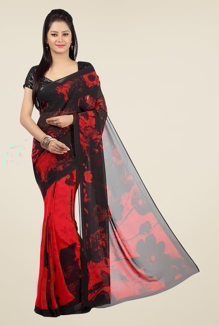 Jashn Red & Black Printed Georgette Saree Jashn Red & Black Printed Georgette Saree