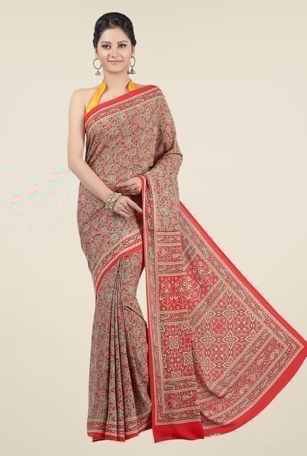 Jashn Red & Brown Floral Print Saree Jashn Red & Brown Floral Print Saree
