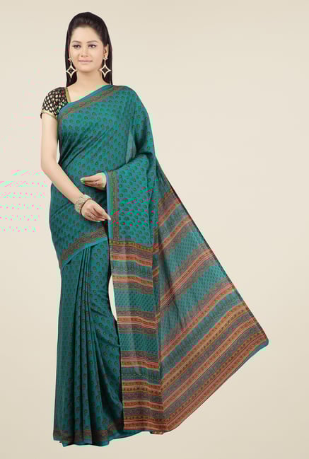 Jashn Teal Floral Print Saree Jashn Teal Floral Print Saree
