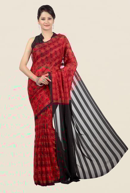 Jashn Red Paisley Print Brasso Saree Jashn Red Paisley Print Brasso Saree