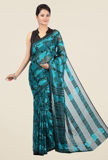Jashn Turquoise Floral Print Brasso Saree Jashn Turquoise Floral Print Brasso Saree