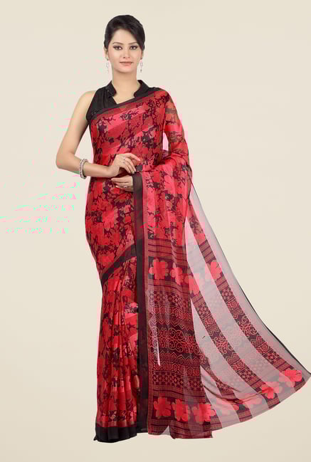 Jashn Red Floral Print Brasso Saree Jashn Red Floral Print Brasso Saree