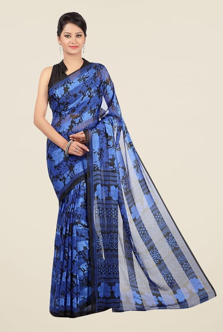 Jashn Royal Blue Floral Print Brasso Saree Jashn Royal Blue Floral Print Brasso Saree