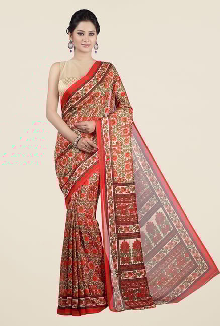 Jashn Red & Beige Floral Print Saree Jashn Red & Beige Floral Print Saree