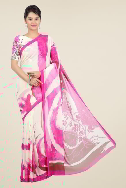 Jashn White & Pink Printed Georgette Saree Jashn White & Pink Printed Georgette Saree