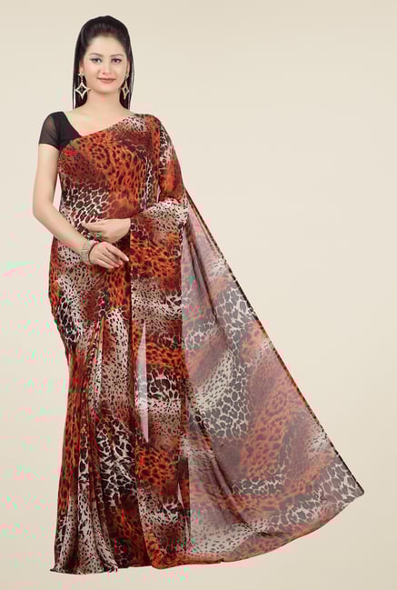 Jashn Brown Animal Printed Georgette Saree Jashn Brown Animal Printed Georgette Saree