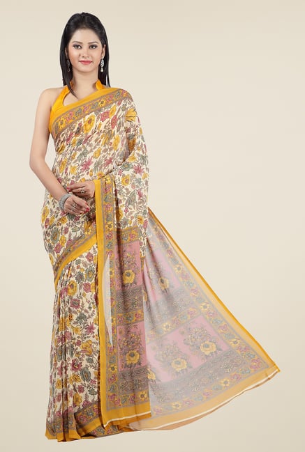 Jashn Beige & Mustard Floral Print Georgette Saree Jashn Beige & Mustard Floral Print Georgette Saree