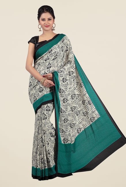 Jashn White & Teal Printed Saree Jashn White & Teal Printed Saree