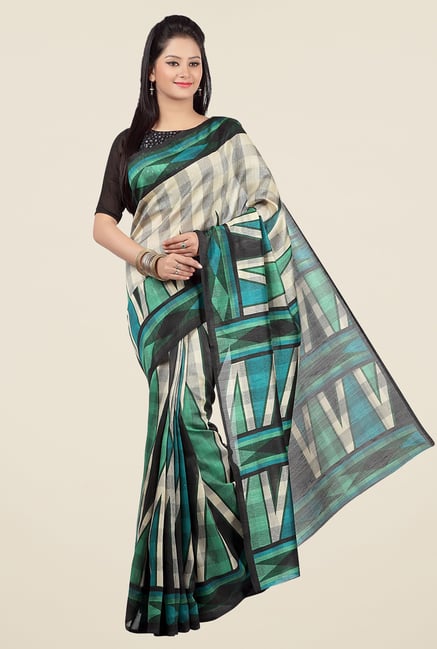 Jashn Beige and Green Geometric Print Saree Jashn Beige and Green Geometric Print Saree