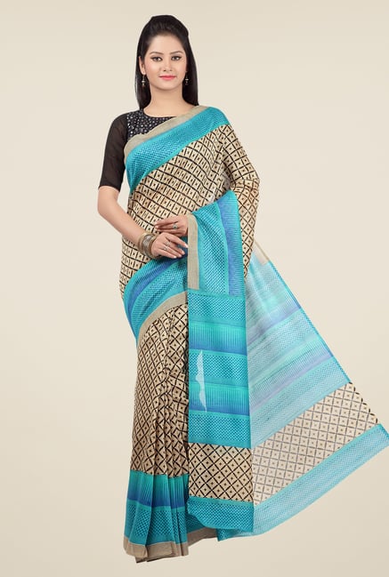 Jashn Beige and Turquoise Printed Saree Jashn Beige and Turquoise Printed Saree