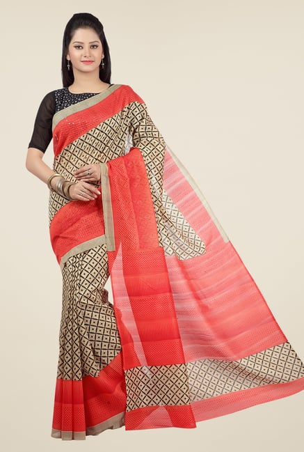 Jashn Beige and Red Printed Saree Jashn Beige and Red Printed Saree