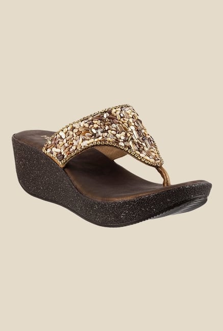Metro Brown & Golden Wedge Heeled Thong Sandals Metro Brown & Golden Wedge Heeled Thong Sandals
