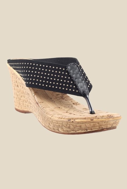 Metro Black & Golden Wedge Heeled Thong Sandals Metro Black & Golden Wedge Heeled Thong Sandals