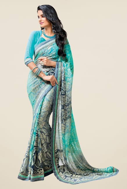 Triveni Turquoise Printed Brasso Saree Triveni Turquoise Printed Brasso Saree