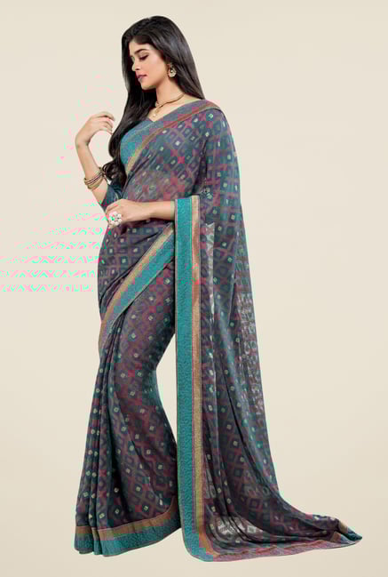 Triveni Teal & Pink Printed Brasso Saree Triveni Teal & Pink Printed Brasso Saree