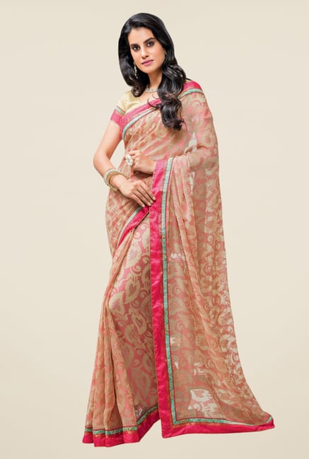 Triveni Beige & Pink Printed Brasso Saree Triveni Beige & Pink Printed Brasso Saree