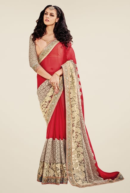 Triveni Red & Beige Embroidered Faux Georgette Saree Triveni Red & Beige Embroidered Faux Georgette Saree