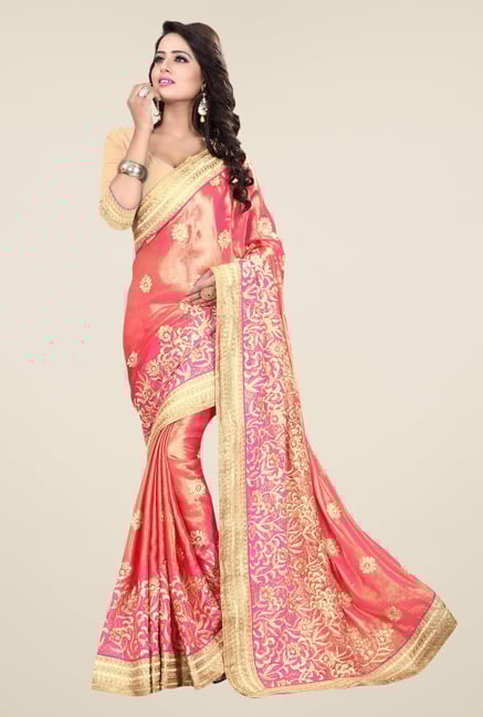 Triveni Pink Embroidered Satin Chiffon Saree Triveni Pink Embroidered Satin Chiffon Saree