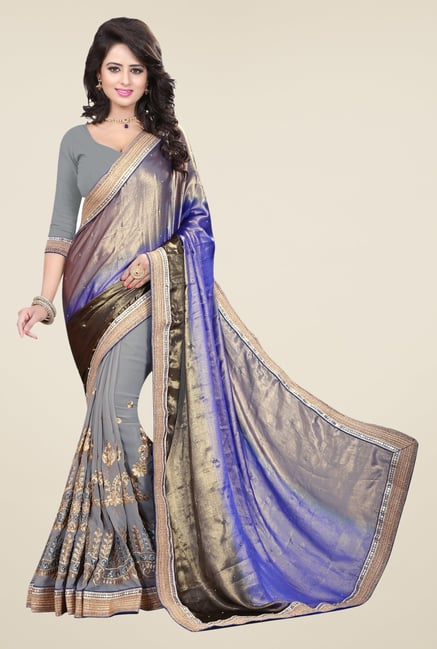 Triveni Grey & Blue Embroidered Saree Triveni Grey & Blue Embroidered Saree