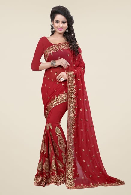 Triveni Maroon Embroidered Faux Georgette Saree Triveni Maroon Embroidered Faux Georgette Saree