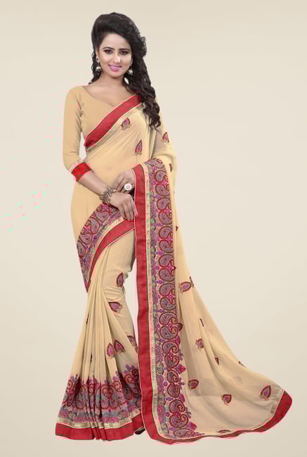 Triveni Beige Embroidered Faux Georgette Saree Triveni Beige Embroidered Faux Georgette Saree