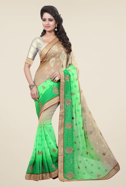 Triveni Beige & Green Embroidered Chiffon Saree Triveni Beige & Green Embroidered Chiffon Saree