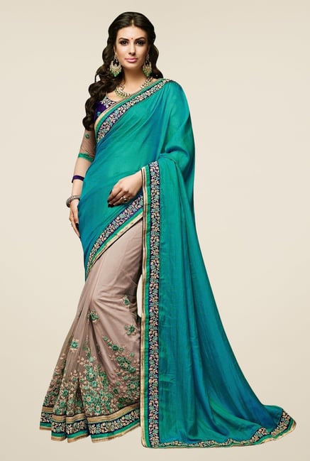 Triveni Beige & Teal Embroidered Satin Net Saree Triveni Beige & Teal Embroidered Satin Net Saree