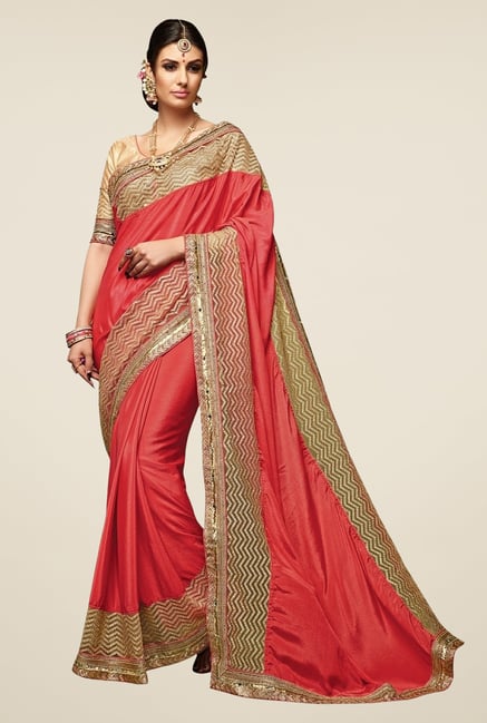 Triveni Red Embellished Satin Chiffon Saree Triveni Red Embellished Satin Chiffon Saree