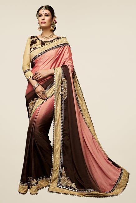 Triveni Brown & Pink Embroidered Satin Chiffon Saree Triveni Brown & Pink Embroidered Satin Chiffon Saree