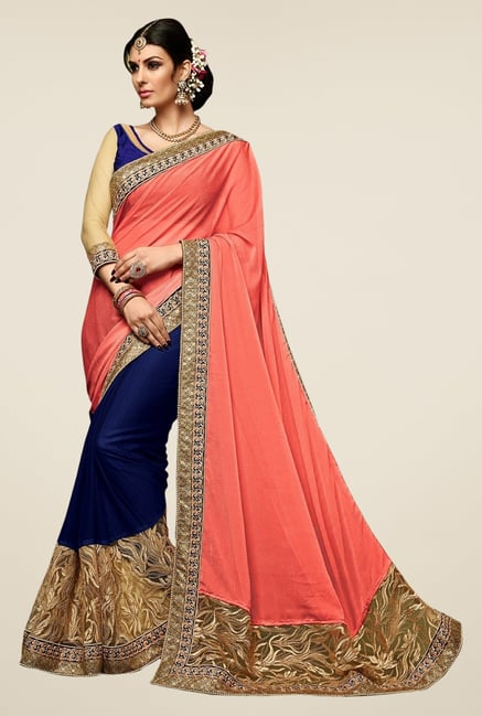 Triveni Blue & Peach Embroidered Chiffon Net Saree Triveni Blue & Peach Embroidered Chiffon Net Saree