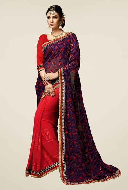 Triveni Red & Blue Embroidered Faux Georgette Saree Triveni Red & Blue Embroidered Faux Georgette Saree