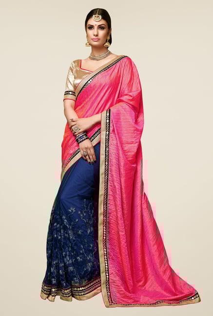 Triveni Blue & Pink Embroidered Satin Net Saree Triveni Blue & Pink Embroidered Satin Net Saree