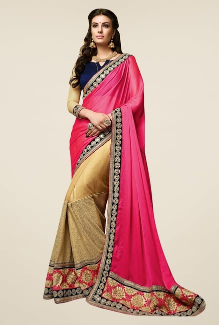 Triveni Beige & Pink Embroidered Chiffon Net Saree Triveni Beige & Pink Embroidered Chiffon Net Saree