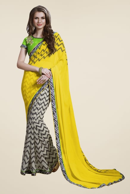 Triveni Off White & Yellow Printed Faux Georgette Saree Triveni Off White & Yellow Printed Faux Georgette Saree