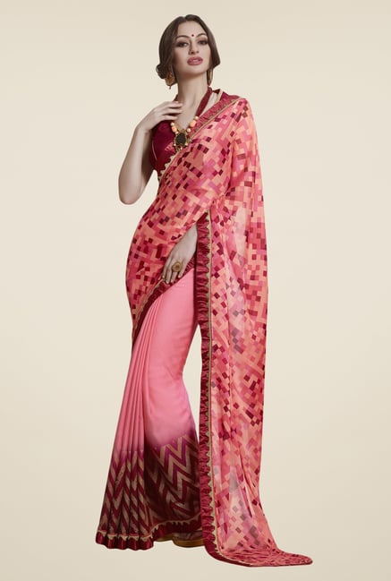 Triveni Pink & Maroon Printed Faux Georgette Saree Triveni Pink & Maroon Printed Faux Georgette Saree
