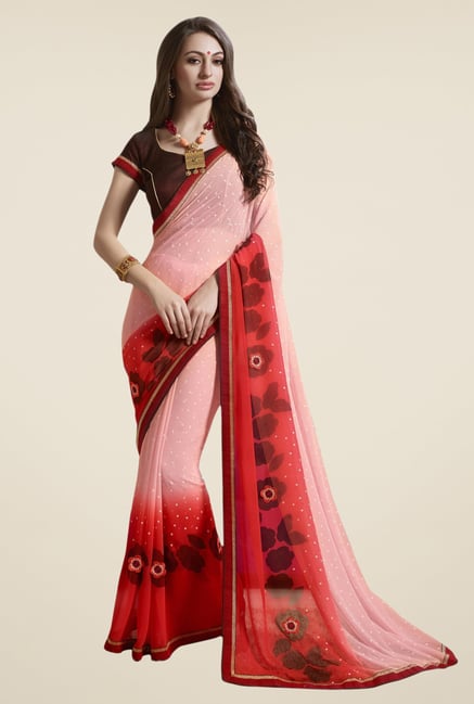 Triveni Pink & Red Printed Faux Georgette Saree Triveni Pink & Red Printed Faux Georgette Saree