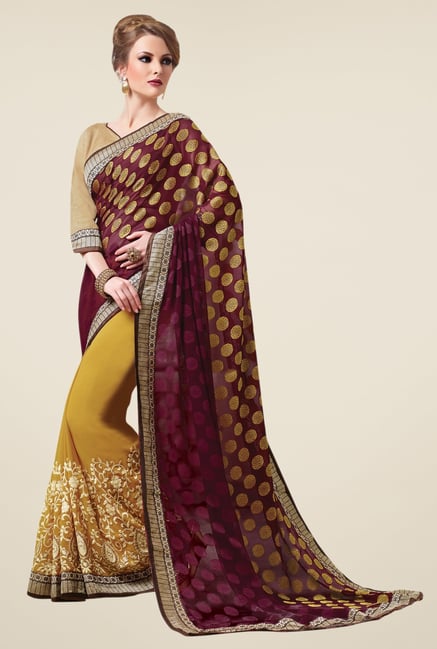 Triveni Yellow & Purple Embroidered Faux Georgette Saree Triveni Yellow & Purple Embroidered Faux Georgette Saree
