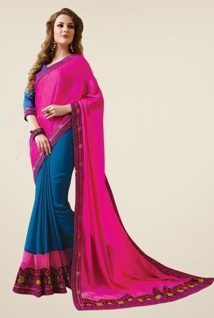 Triveni Blue & Pink Embroidered Faux Georgette Saree Triveni Blue & Pink Embroidered Faux Georgette Saree