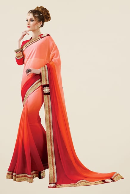 Triveni Peach & Red Solid Faux Georgette Saree Triveni Peach & Red Solid Faux Georgette Saree