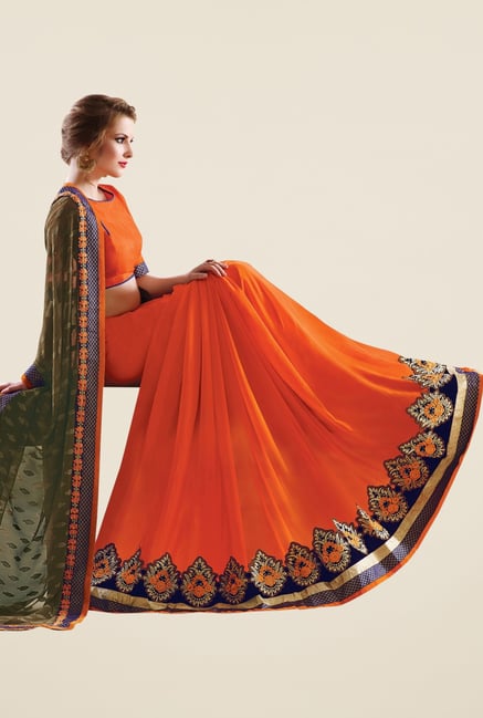 Triveni Orange & Olive Embroidered Faux Georgette Saree Triveni Orange & Olive Embroidered Faux Georgette Saree