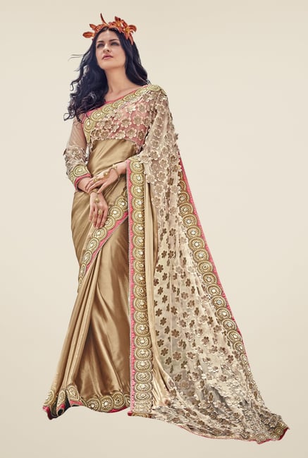 Triveni Beige Embroidered Satin Net Saree Triveni Beige Embroidered Satin Net Saree