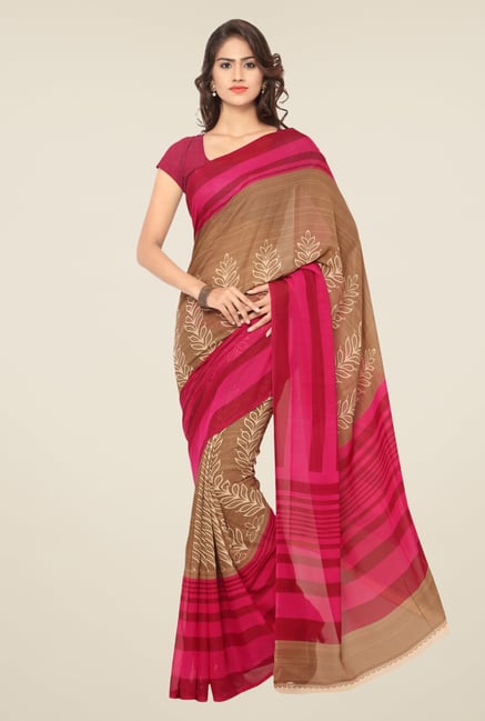 Triveni Brown & Pink Printed Art Silk Saree Triveni Brown & Pink Printed Art Silk Saree