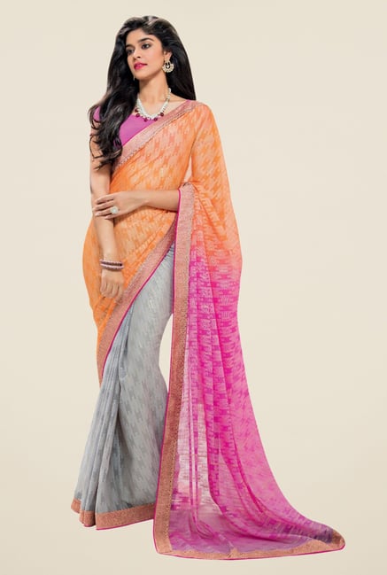 Triveni Grey & Orange Printed Brasso Saree Triveni Grey & Orange Printed Brasso Saree