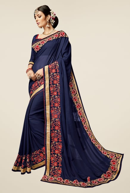Triveni Navy Embroidered Faux Georgette Saree Triveni Navy Embroidered Faux Georgette Saree