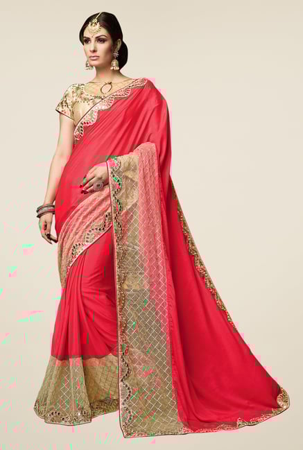 Triveni Pink Embellished Satin Chiffon Net Saree Triveni Pink Embellished Satin Chiffon Net Saree
