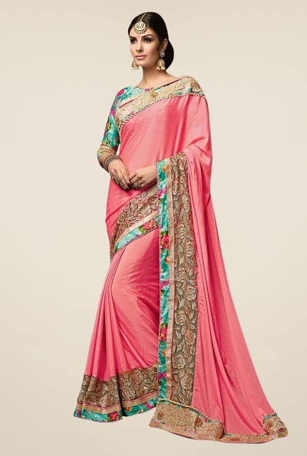 Triveni Pink Embroidered Satin Chiffon Net Saree Triveni Pink Embroidered Satin Chiffon Net Saree