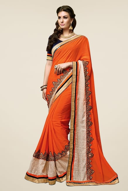 Triveni Orange Embroidered Chiffon Net Saree Triveni Orange Embroidered Chiffon Net Saree